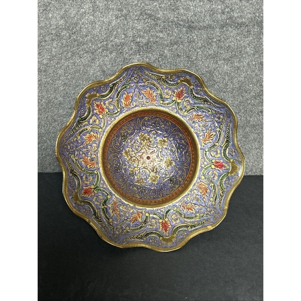 Vintage Cloisonné Brass Bowl Enamel Pedestal & Scalloped Edges 6” D Blue Red